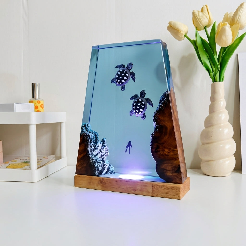 Sea Turtle Epoxy Resin Wood Night Light with Scuba Diver