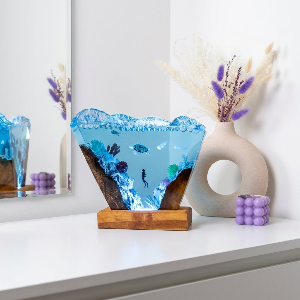 Ocean Wave Epoxy Resin Night Light with Diver and Sea Turtle