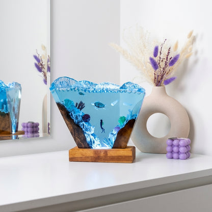 Ocean Wave Epoxy Resin Night Light with Diver and Sea Turtle