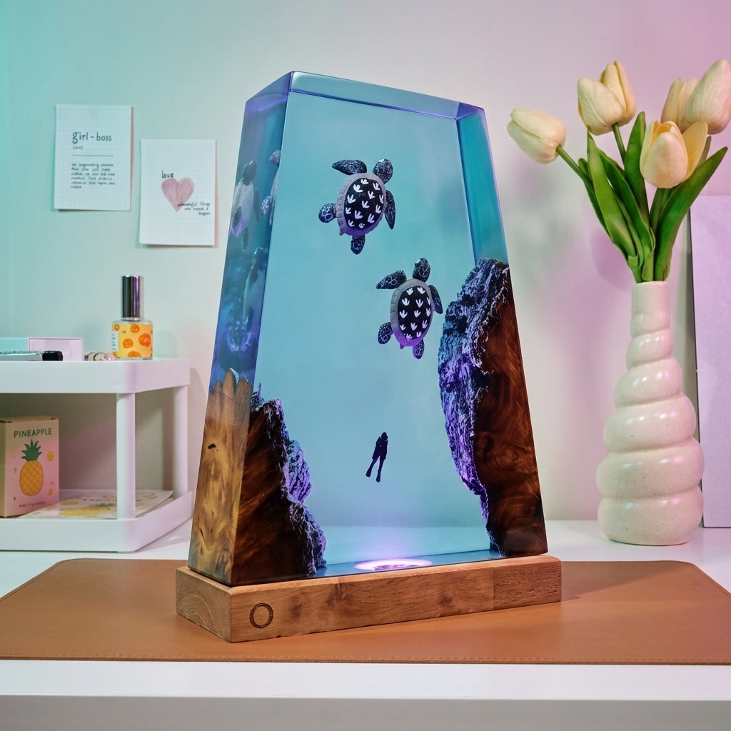 Sea Turtle Epoxy Resin Wood Night Light with Scuba Diver