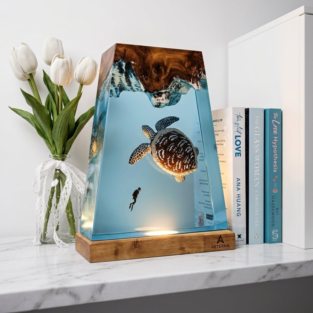 Giant Sea Turtle Epoxy Resin Wood Night Light with Scuba Diver
