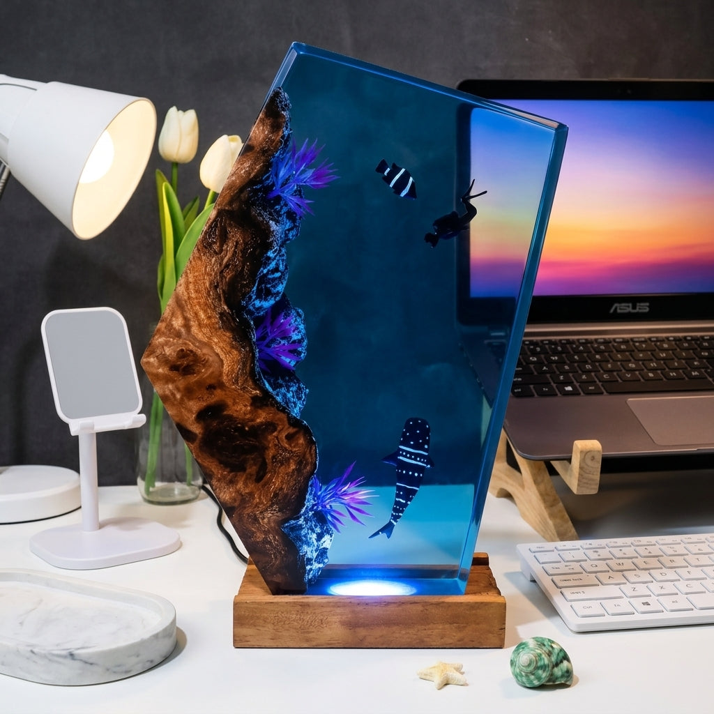 Whale Shark Epoxy Resin Wood Night Light with Scuba Diver