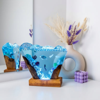 Ocean Wave Epoxy Resin Night Light with Diver and Sea Turtle