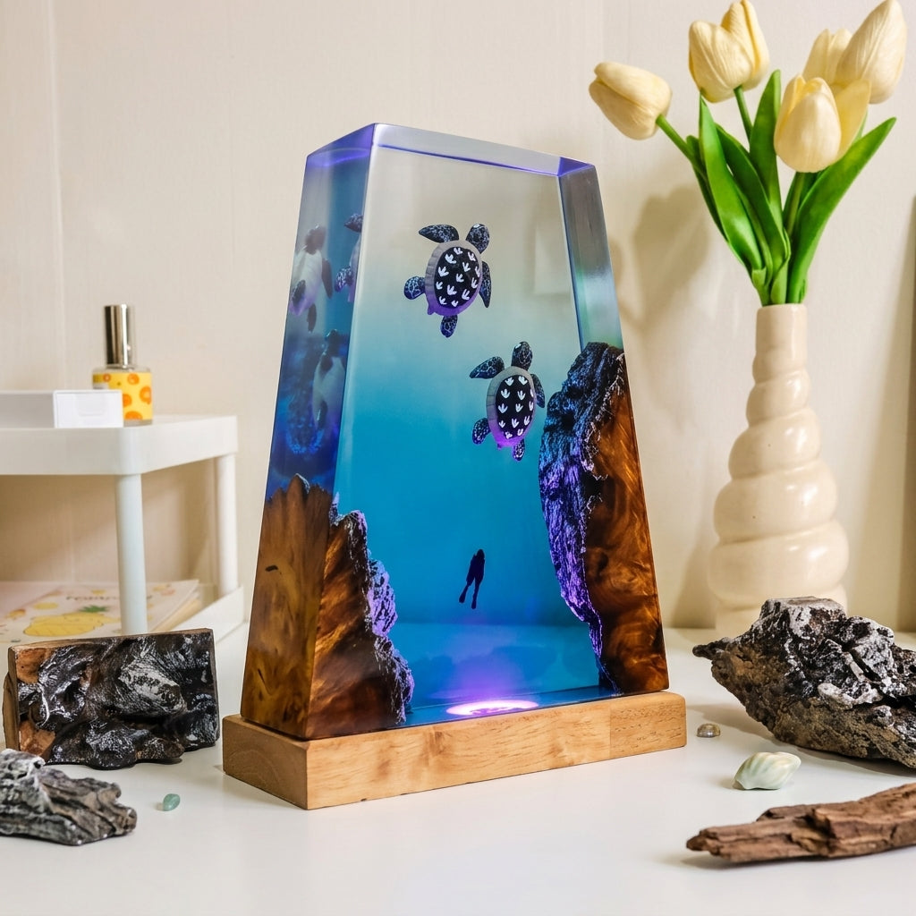Sea Turtle Epoxy Resin Wood Night Light with Scuba Diver