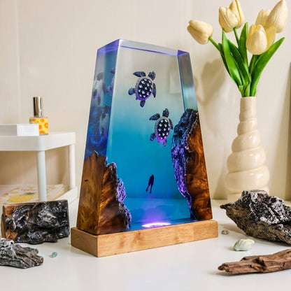 Sea Turtle Epoxy Resin Wood Night Light with Scuba Diver