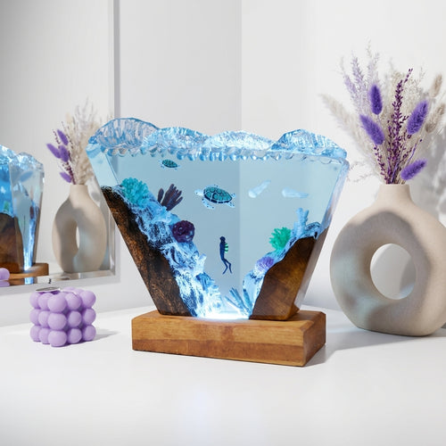 Ocean Wave Epoxy Resin Night Light with Diver and Sea Turtle