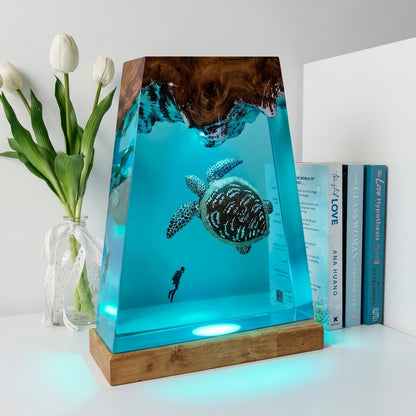Giant Sea Turtle Epoxy Resin Wood Night Light with Scuba Diver