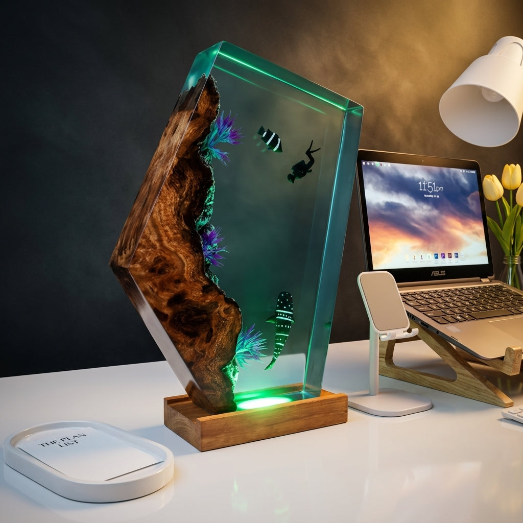 Whale Shark Epoxy Resin Wood Night Light with Scuba Diver
