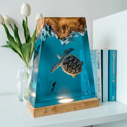 Giant Sea Turtle Epoxy Resin Wood Night Light with Scuba Diver