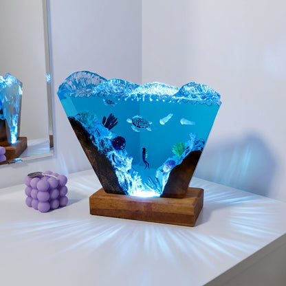Ocean Wave Epoxy Resin Night Light with Diver and Sea Turtle