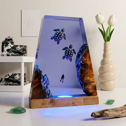 Sea Turtle Epoxy Resin Wood Night Light with Scuba Diver