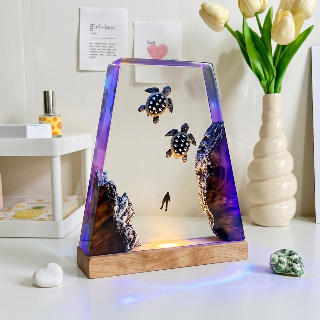 Sea Turtle Epoxy Resin Wood Night Light with Scuba Diver
