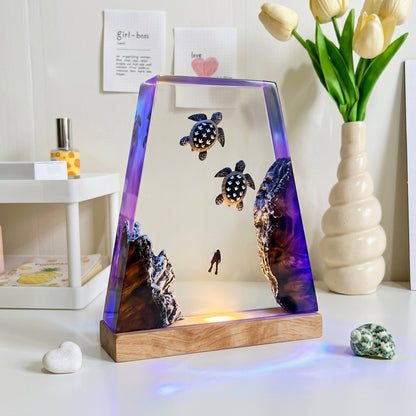 Sea Turtle Epoxy Resin Wood Night Light with Scuba Diver