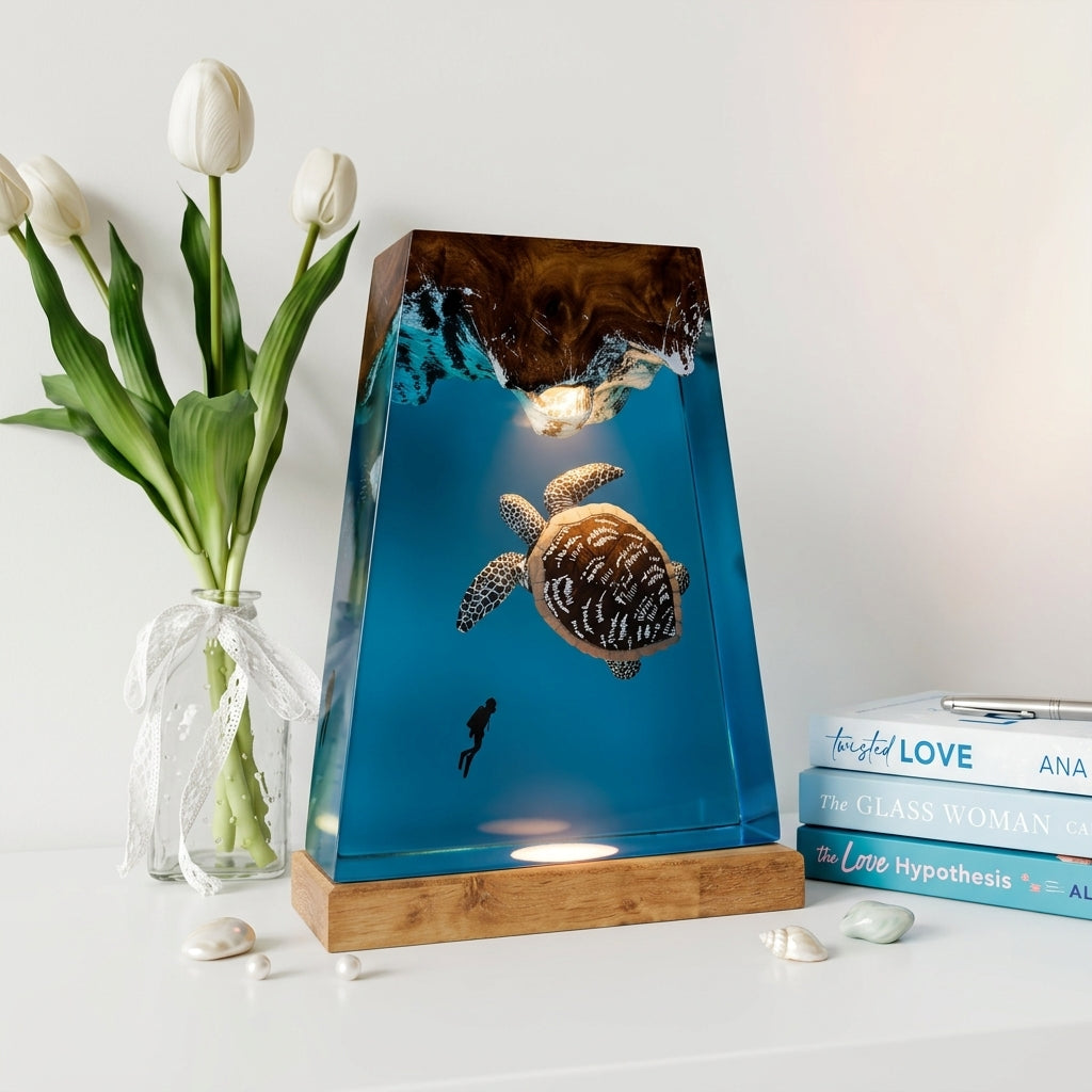 Giant Sea Turtle Epoxy Resin Wood Night Light with Scuba Diver