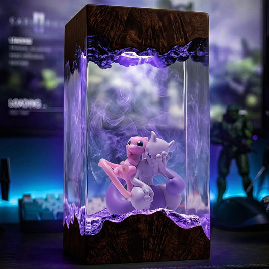 Mew and Mewtwo Sleeping Resin Lamp - Legendary Pokémon Cube Night Light