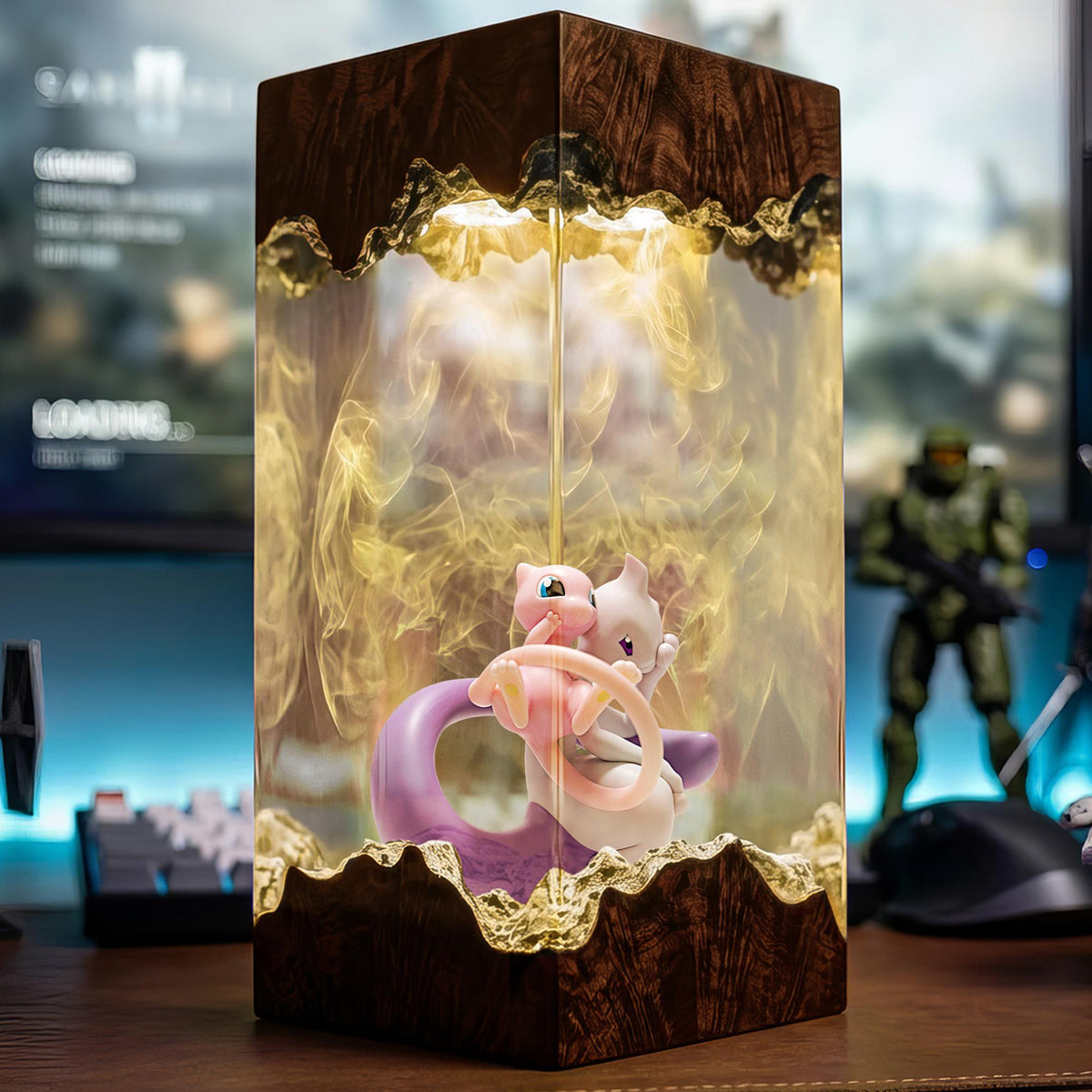 Mew and Mewtwo Sleeping Resin Lamp - Legendary Pokémon Cube Night Light