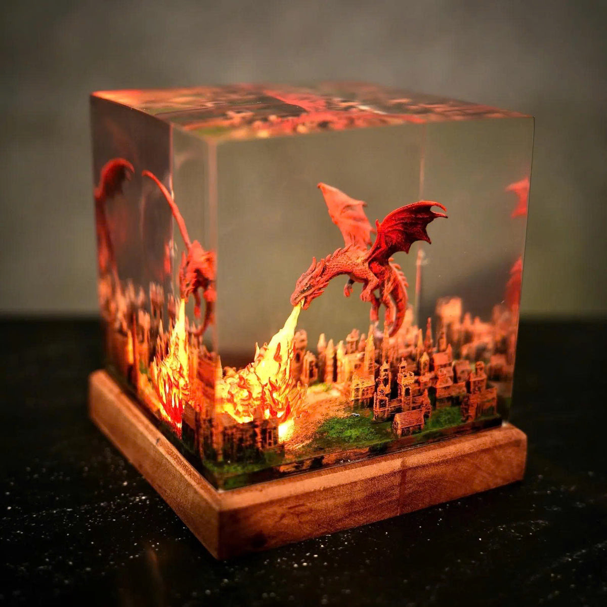 Red Dragon Firestorm Epoxy Resin Cube Night Light Ancient City Lamp