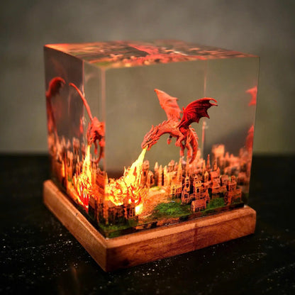 Red Dragon Firestorm Epoxy Resin Cube Night Light Ancient City Lamp