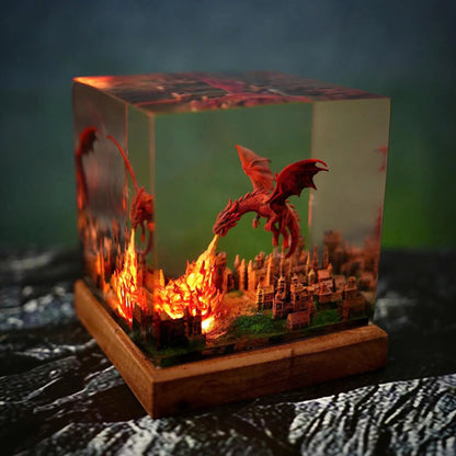 Red Dragon Firestorm Epoxy Resin Cube Night Light Ancient City Lamp