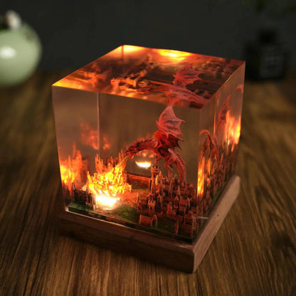Red Dragon Firestorm Epoxy Resin Cube Night Light Ancient City Lamp