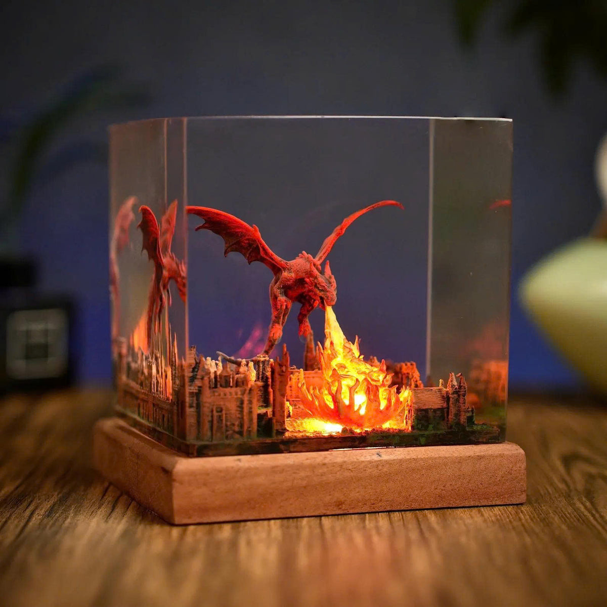 Red Dragon Firestorm Epoxy Resin Cube Night Light Ancient City Lamp