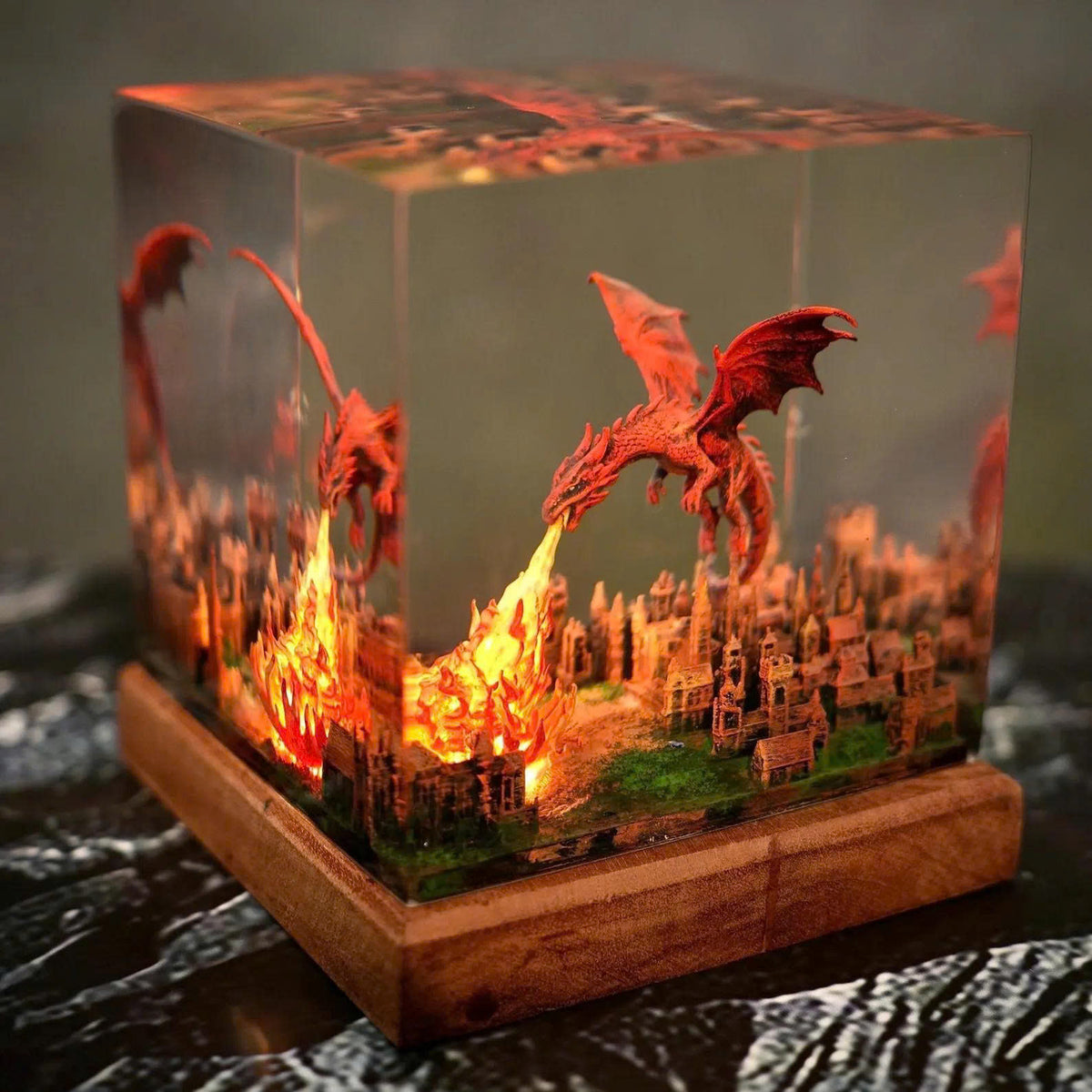 Red Dragon Firestorm Epoxy Resin Cube Night Light Ancient City Lamp