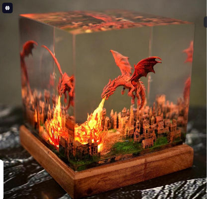 Red Dragon Firestorm Epoxy Resin Cube Night Light Ancient City Lamp